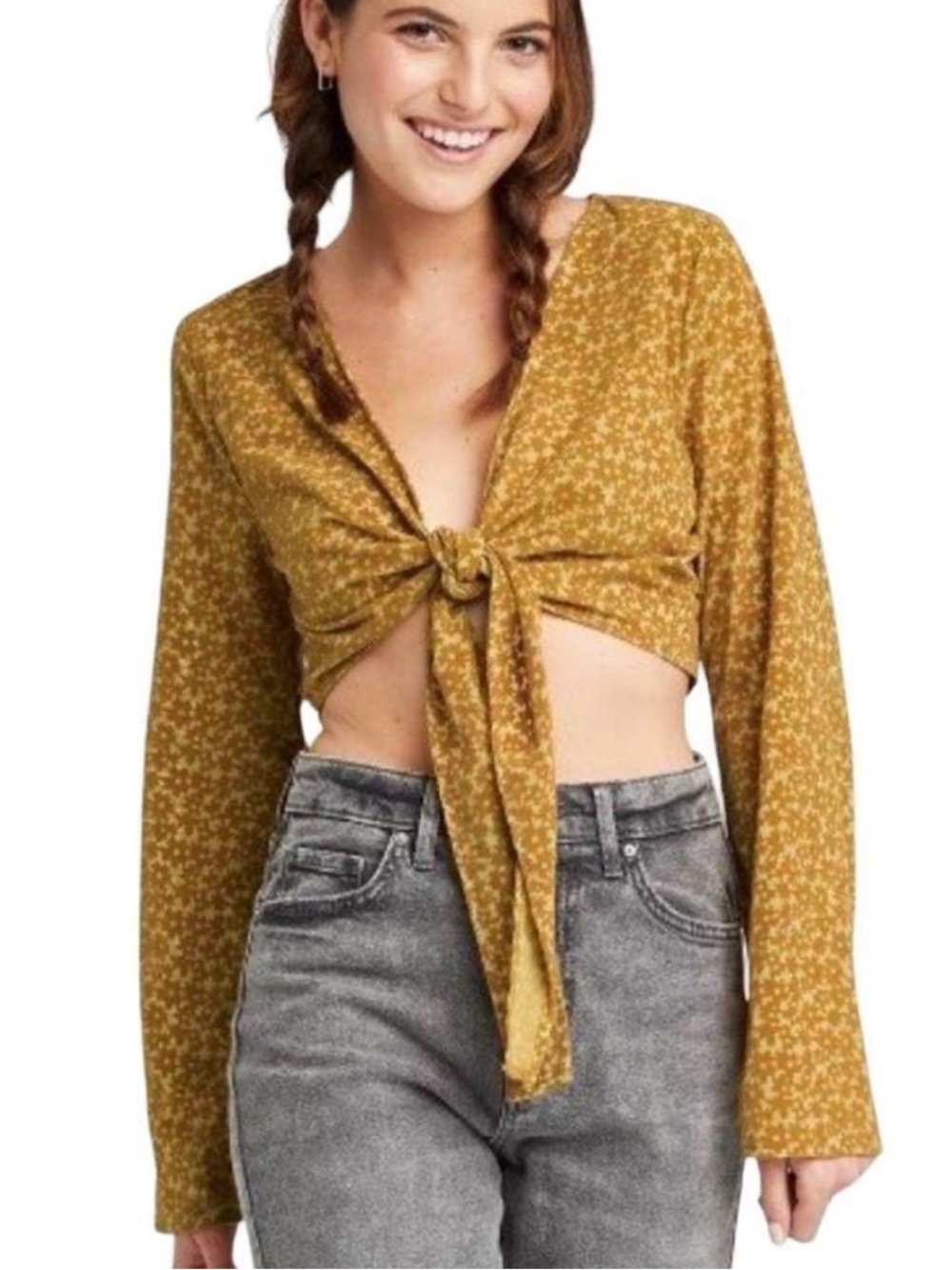 Wild Fable Floral Flocked Bell Sleeve Front Tie Top